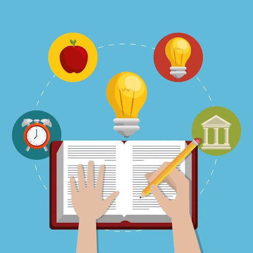 Hands holding a pencil over a notebook, surrounded by educational symbols like an apple, clock, lab flask, and school building- representing elements of a differentiated learning environment.